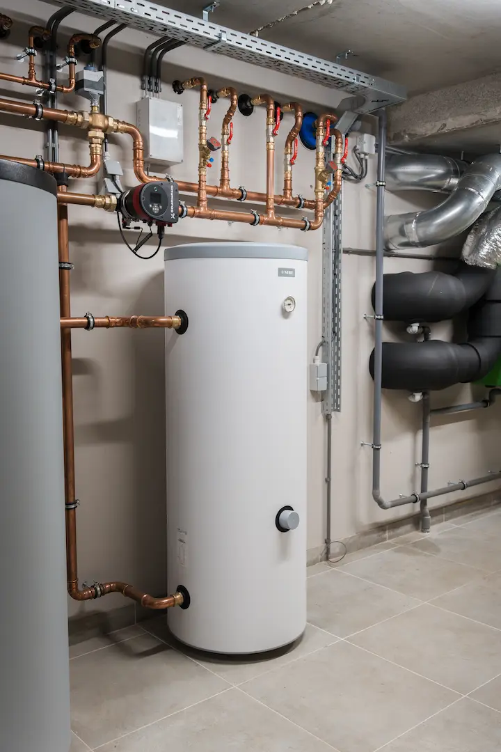 Installatietechniek installatie met buffervat, koperleidingen en verwarmingssysteem in woning